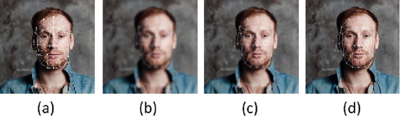 Visual comparison of different interpolation methods. (a) Nearest neighbor. (b) Bilinear. (c) Bicubic. (d) Original HR image (4x) 